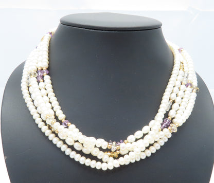 14K Yellow Gold Freshwater Pearl, Aquamarine, & Amethyst Multi-Strand Necklace