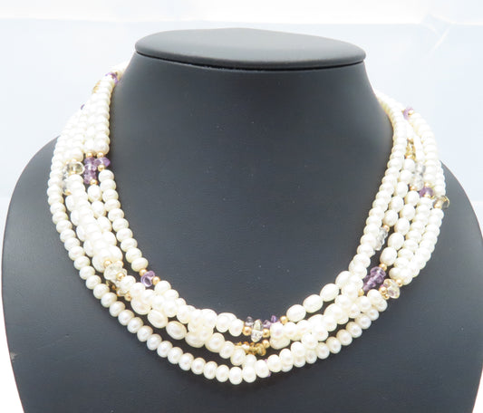 14K Yellow Gold Freshwater Pearl, Aquamarine, & Amethyst Multi-Strand Necklace