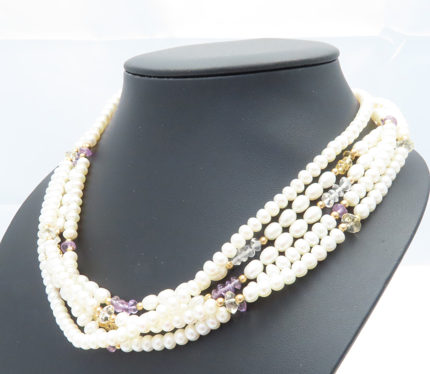 14K Yellow Gold Freshwater Pearl, Aquamarine, & Amethyst Multi-Strand Necklace