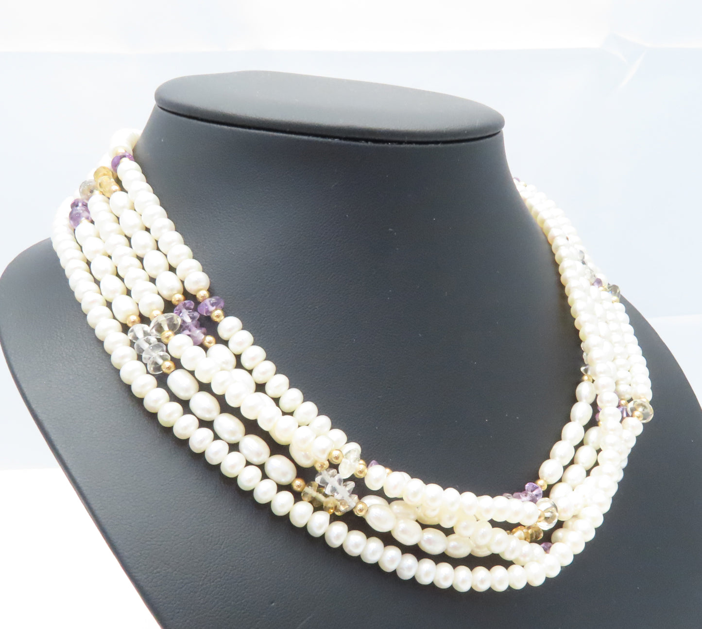 14K Yellow Gold Freshwater Pearl, Aquamarine, & Amethyst Multi-Strand Necklace