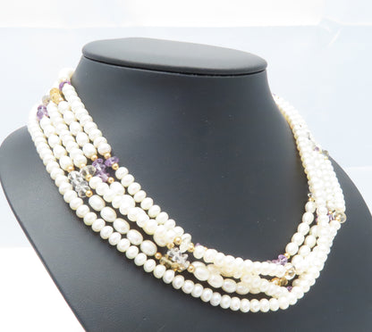 14K Yellow Gold Freshwater Pearl, Aquamarine, & Amethyst Multi-Strand Necklace