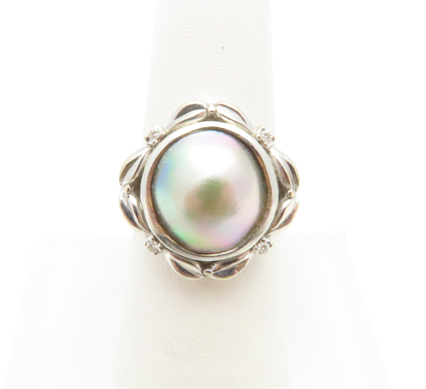 14K White Gold ~13MM Gray Mabe Pearl & Diamond Accent Ring Size 7