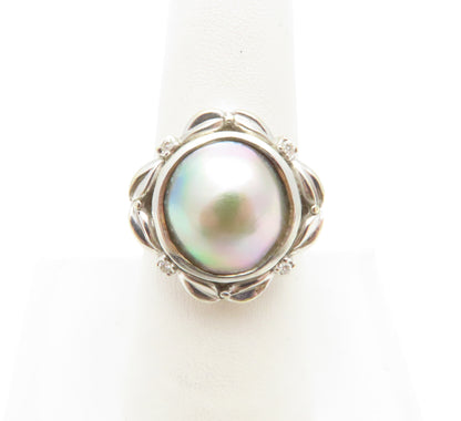 14K White Gold ~13MM Gray Mabe Pearl & Diamond Accent Ring Size 7