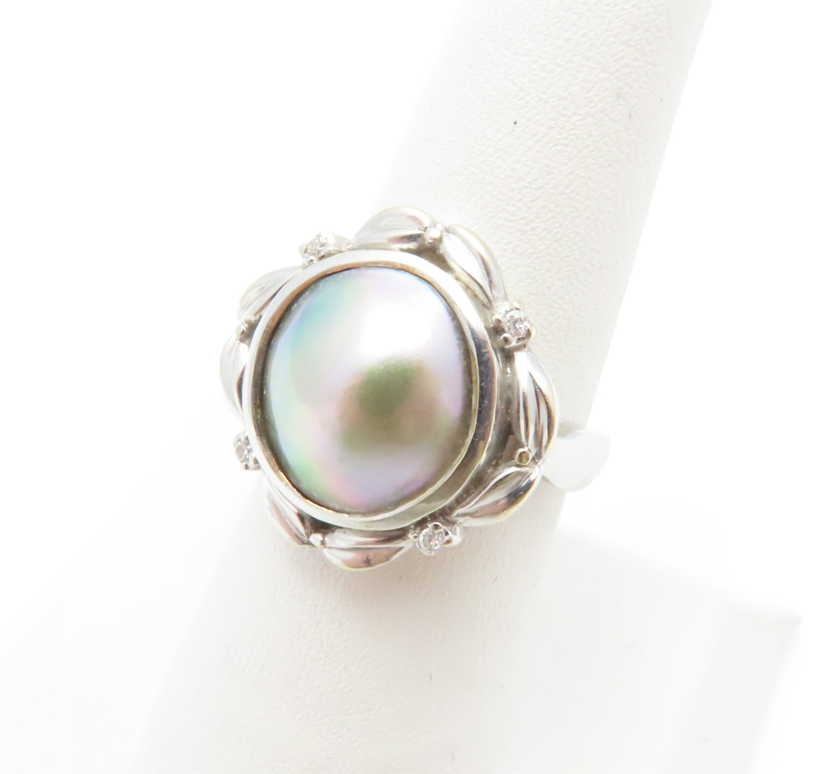 14K White Gold ~13MM Gray Mabe Pearl & Diamond Accent Ring Size 7