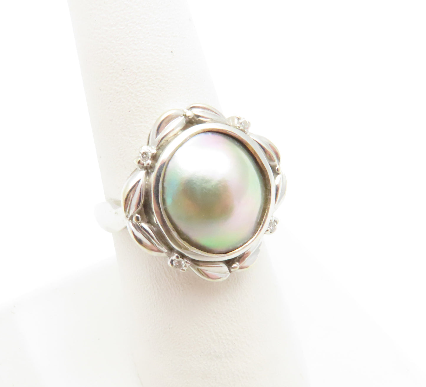 14K White Gold ~13MM Gray Mabe Pearl & Diamond Accent Ring Size 7