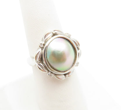 14K White Gold ~13MM Gray Mabe Pearl & Diamond Accent Ring Size 7