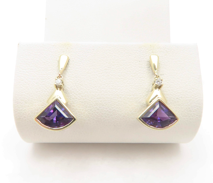 14k Yellow Gold Fancy Cut Amethyst with Round Diamond Accent Dangle Stud Earring