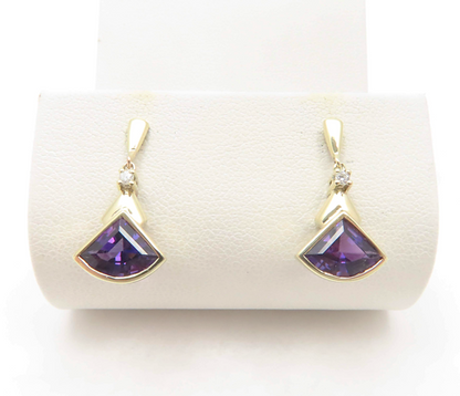 14k Yellow Gold Fancy Cut Amethyst with Round Diamond Accent Dangle Stud Earring
