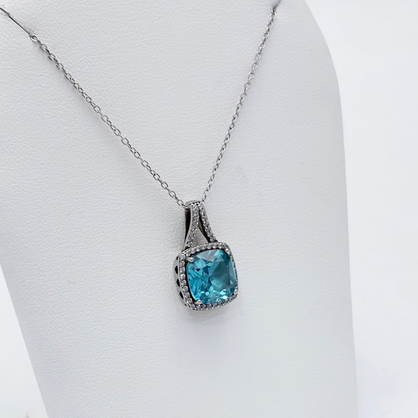Sterling Silver Cushion Cut Apatite with Cubic Zirconia Halo 18" Necklace