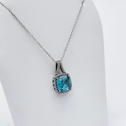 Sterling Silver Cushion Cut Apatite with Cubic Zirconia Halo 18" Necklace