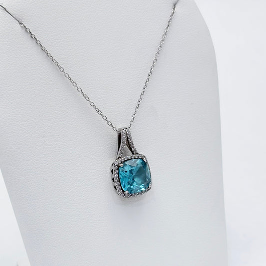 Sterling Silver Cushion Cut Apatite with Cubic Zirconia Halo 18" Necklace