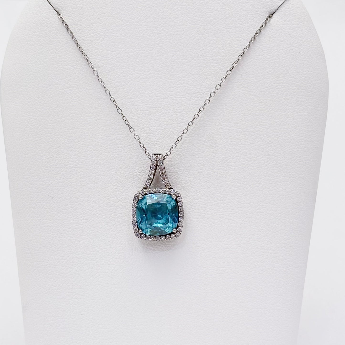 Sterling Silver Cushion Cut Apatite with Cubic Zirconia Halo 18" Necklace