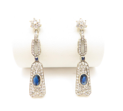 18k White Gold Sapphire & ~3/4ctw Diamond Art Deco Earrings