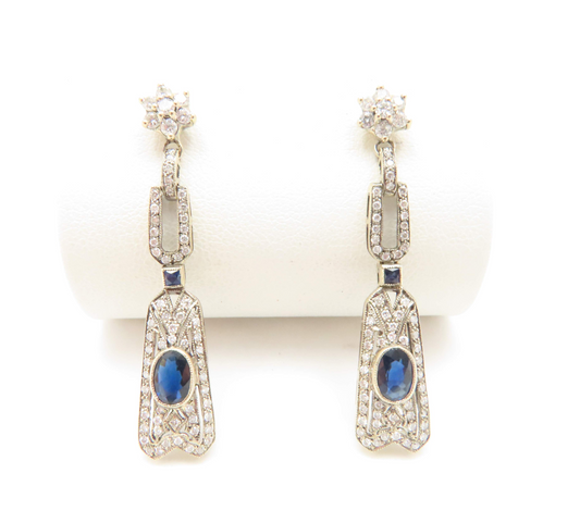 18k White Gold Sapphire & ~3/4ctw Diamond Art Deco Earrings