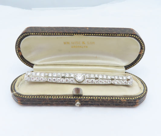 Vintage 14K & Platinum ~3 1/2CTW Diamond (~1C Center) Bar Pin With box!