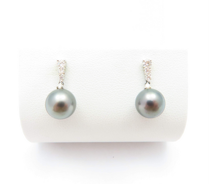 14k White Gold Black Pearl & ~1/4ctw Diamond Earrings