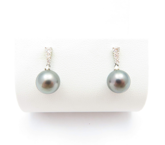 14k White Gold Black Pearl & ~1/4ctw Diamond Earrings