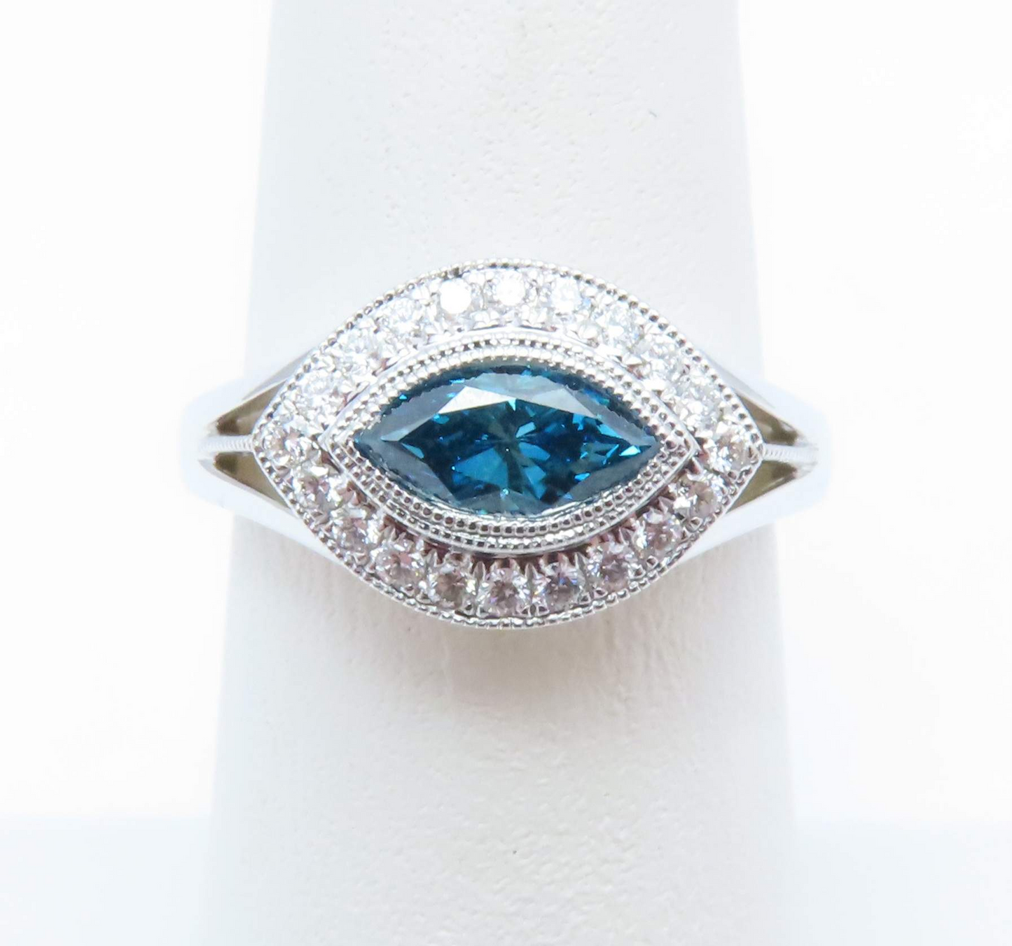 14k White Gold Blue & White Diamond East-West Halo Ring Size 6