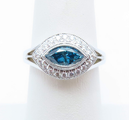 14k White Gold Blue & White Diamond East-West Halo Ring Size 6