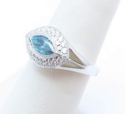 14k White Gold Blue & White Diamond East-West Halo Ring Size 6
