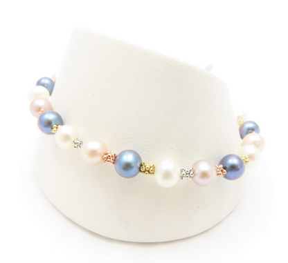 14k Tri-Tone Multi-Color Pearl Bracelet 7.25”
