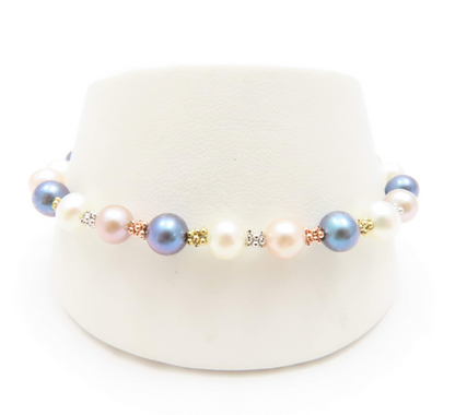 14k Tri-Tone Multi-Color Pearl Bracelet 7.25”