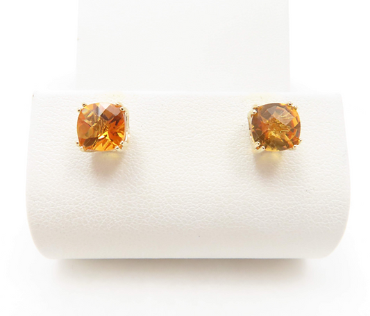 14k Yellow Gold Citrine Cushion Cut Stud Earrings