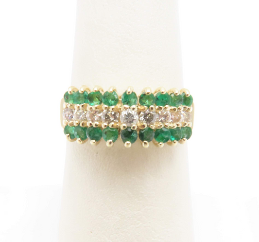 14k Yellow Gold Emerald & ~1/4ctw Diamond Band Ring Size 6.5