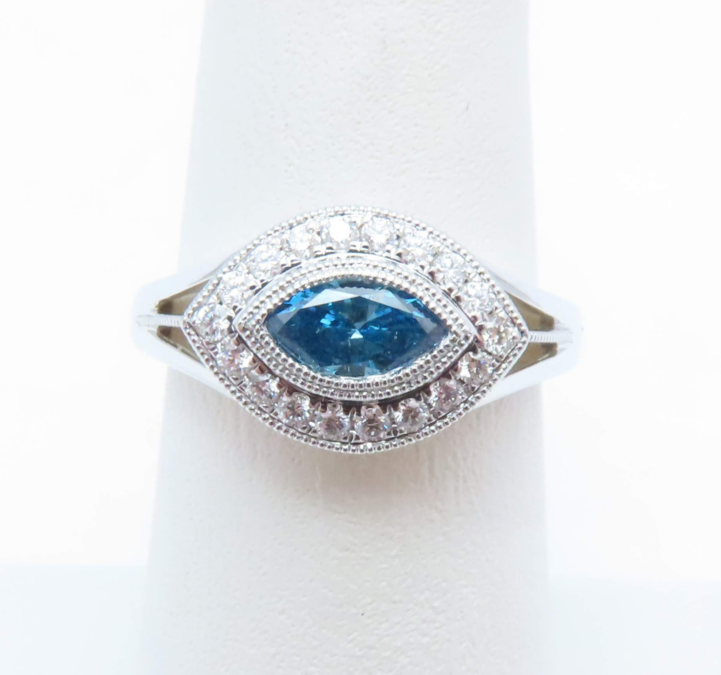 14k White Gold Blue & White Diamond East-West Halo Ring Size 6
