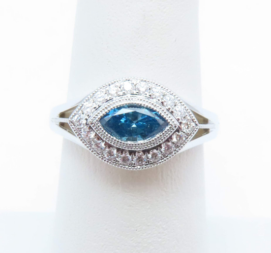 14k White Gold Blue & White Diamond East-West Halo Ring Size 6