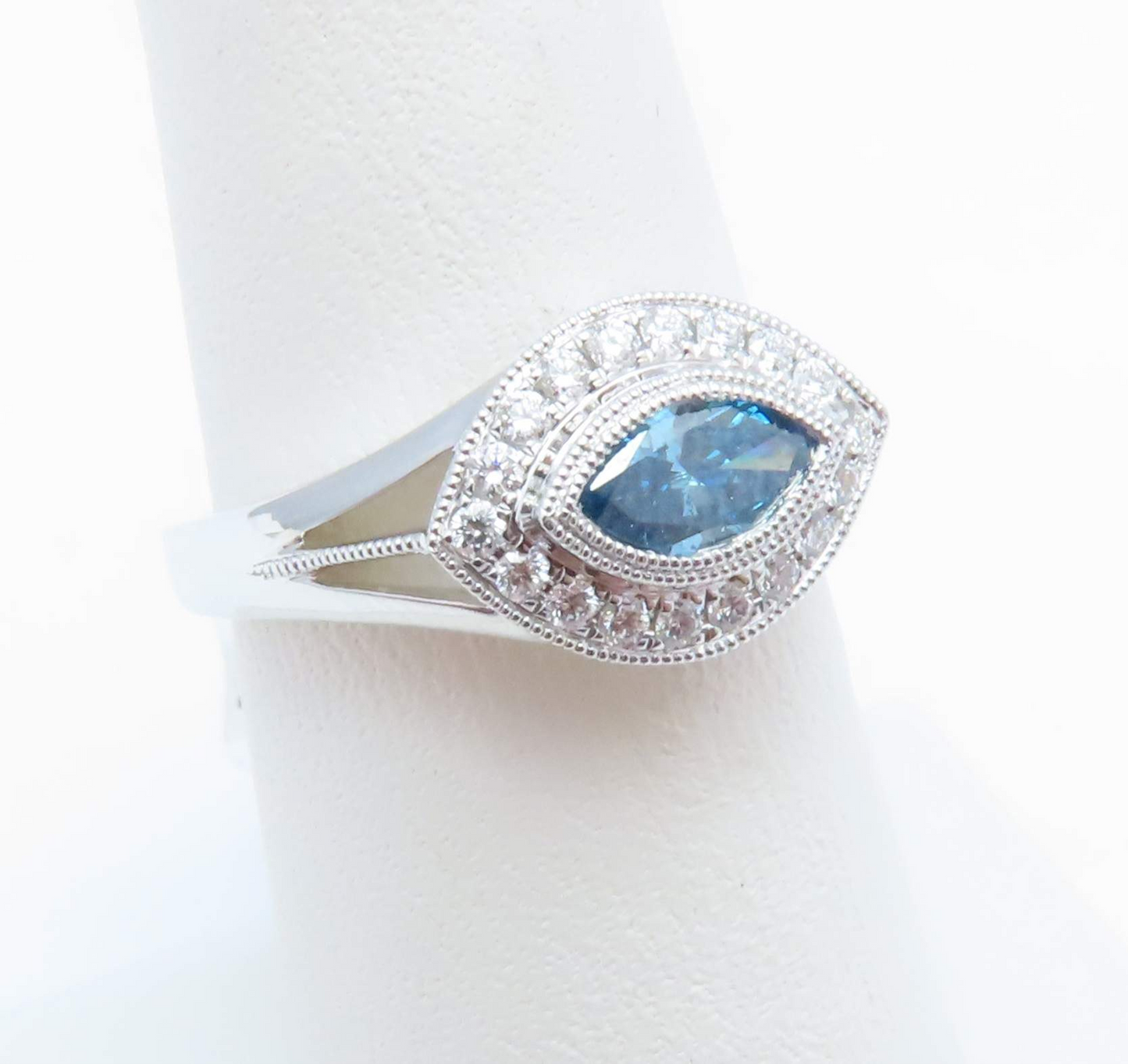 14k White Gold Blue & White Diamond East-West Halo Ring Size 6