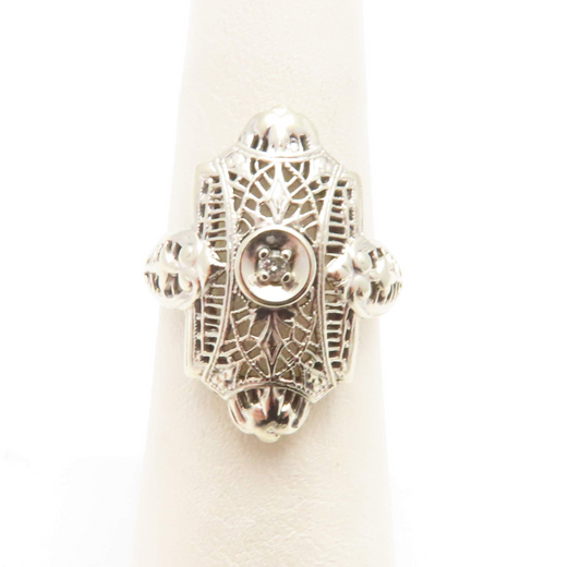 14k White Gold Diamond Accent Filigree Shield Ring Size 6
