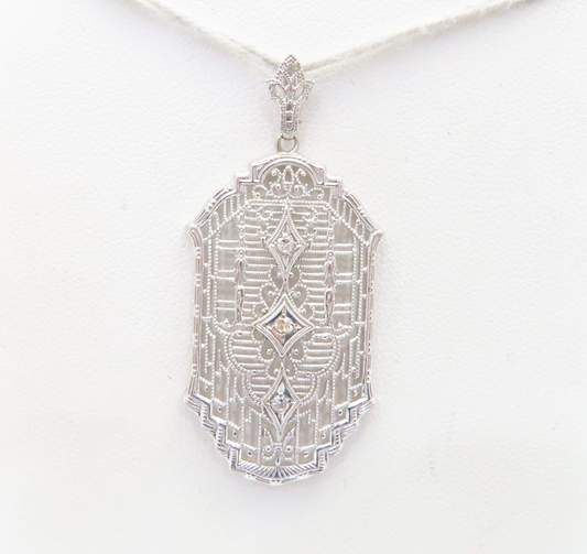 14k White Gold ~ 1/10ctw Diamonds Filigree Pendant