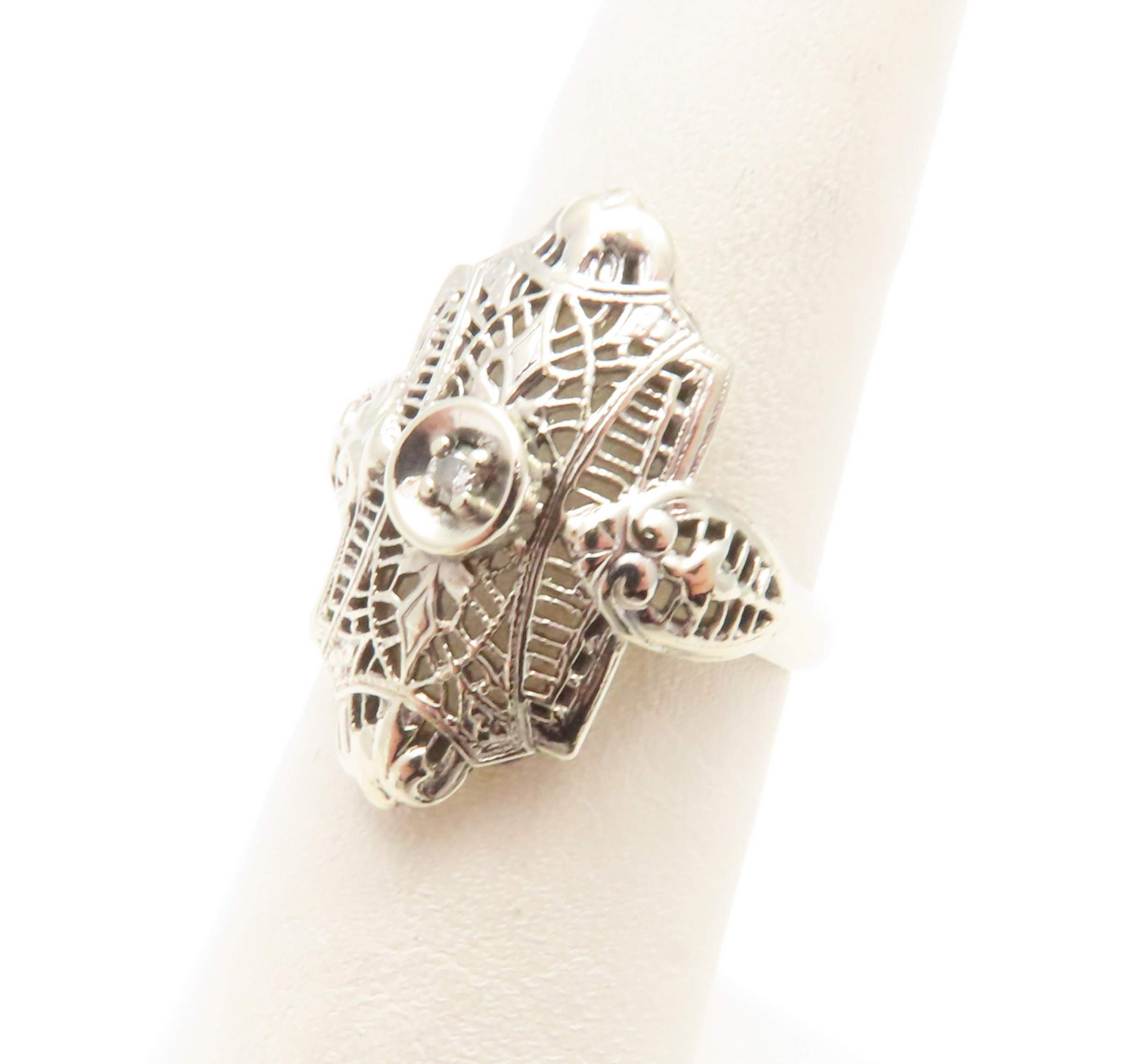14k White Gold Diamond Accent Filigree Shield Ring Size 6