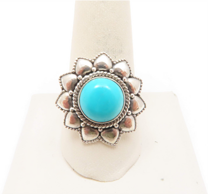 Sterling Silver Turquoise Flower Ring Size 11.25