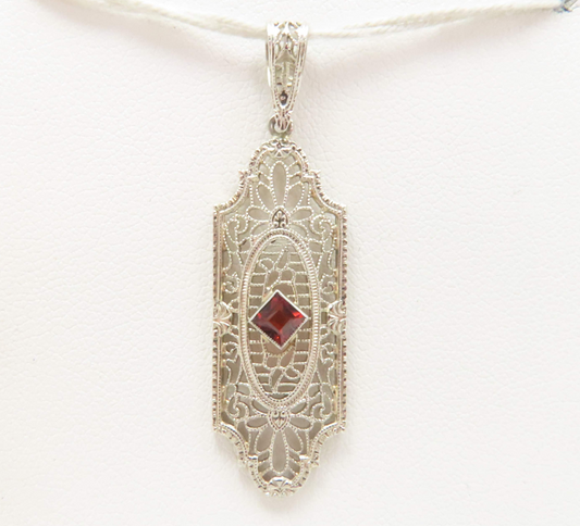 14k White Gold Garnet Filigree Pendant