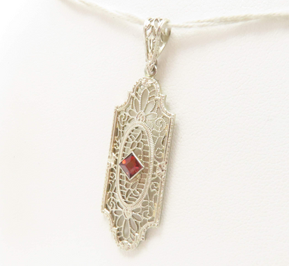 14k White Gold Garnet Filigree Pendant