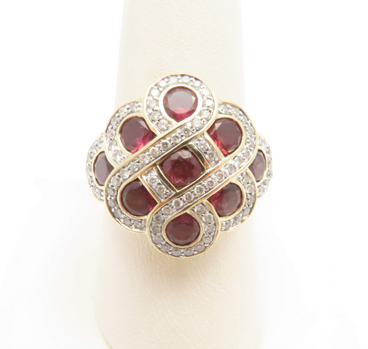 14k Yellow Gold Garnet & ~3/4ctw Diamond Cluster Ring Size 9
