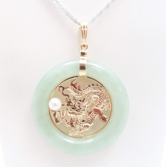 14k Yellow Gold Jade and Pearl Dragon Pendant