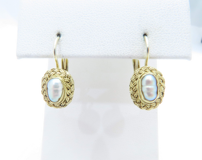 14k Yellow Gold Freshwater Pearl Bezel Set Woven Texture Earrings
