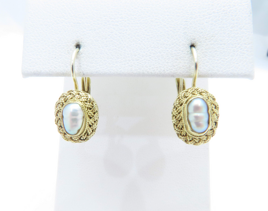 14k Yellow Gold Freshwater Pearl Bezel Set Woven Texture Earrings