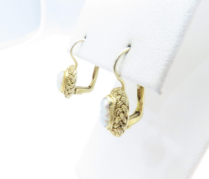 14k Yellow Gold Freshwater Pearl Bezel Set Woven Texture Earrings