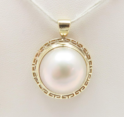 14k Yellow Gold Mabe Pearl Greek Key Pendant