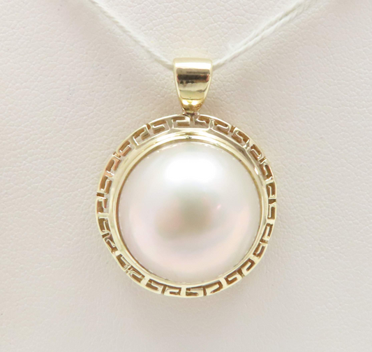 14k Yellow Gold Mabe Pearl Greek Key Pendant