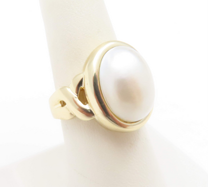 14k Yellow Gold Oval Mabe Pearl Ring Size 7.75