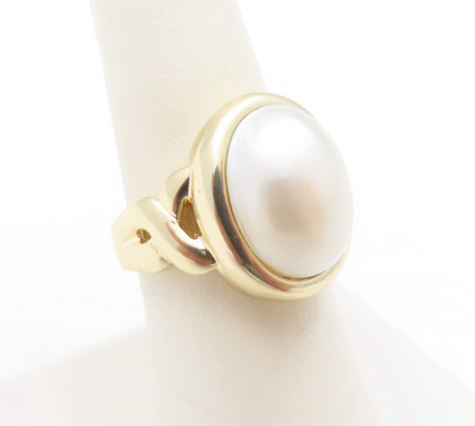 14k Yellow Gold Oval Mabe Pearl Ring Size 7.75