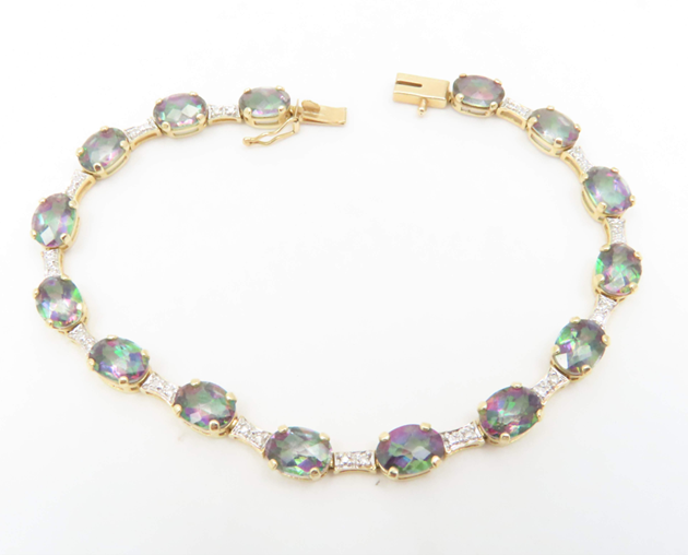 14k Yellow Gold Mystic Topaz and Diamond 7 ¼” Bracelet