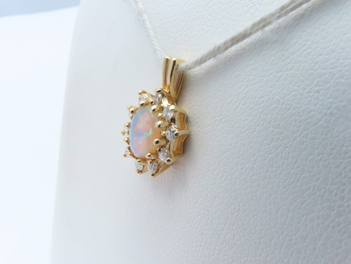 14k Yellow Gold Opal Pendant with ~1/4ctw Diamond Halo