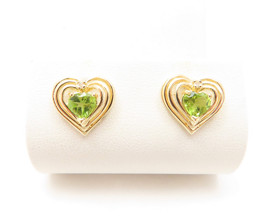 14k Yellow Gold Peridot and Diamond Accent Heart Shape Stud Earrings