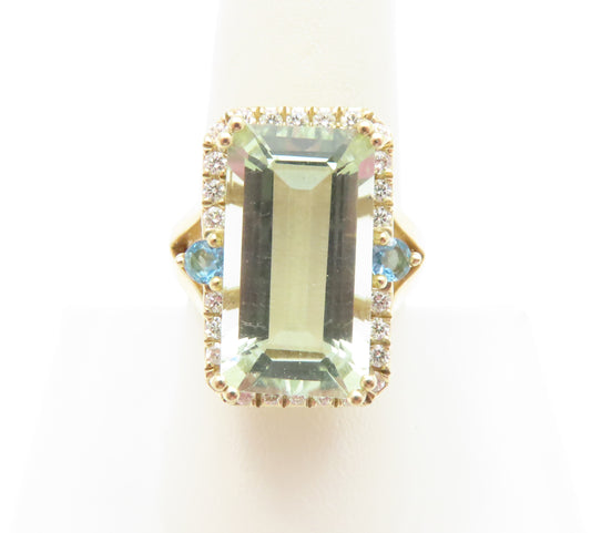 14K Yellow Gold Prasiolite, Blue Topaz, & ~1/2CTW Diamond Ring Size 8.25